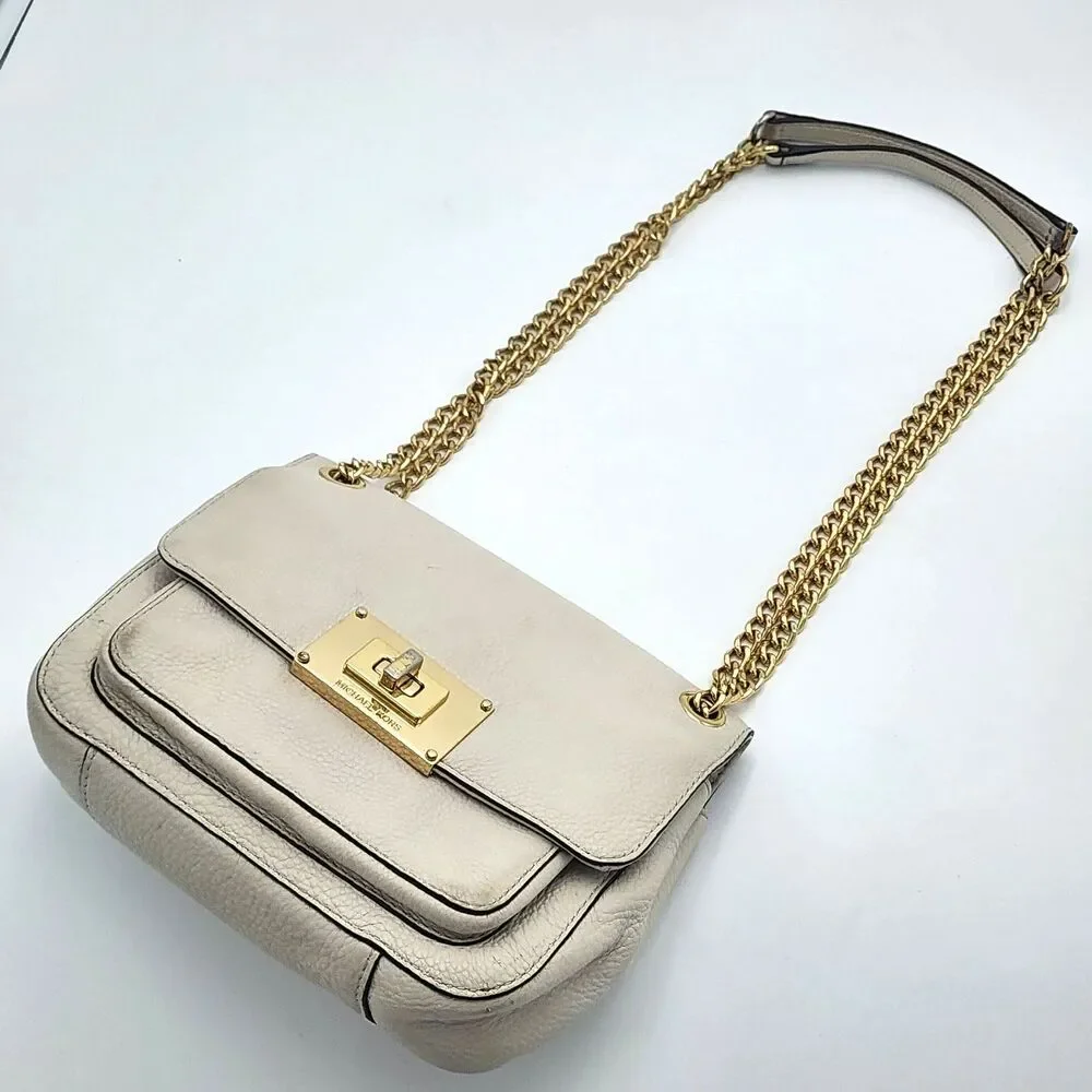 Michael Kors Sloan Leather Convertible Crossbody Shoulder Bag Gold Chain Ivory